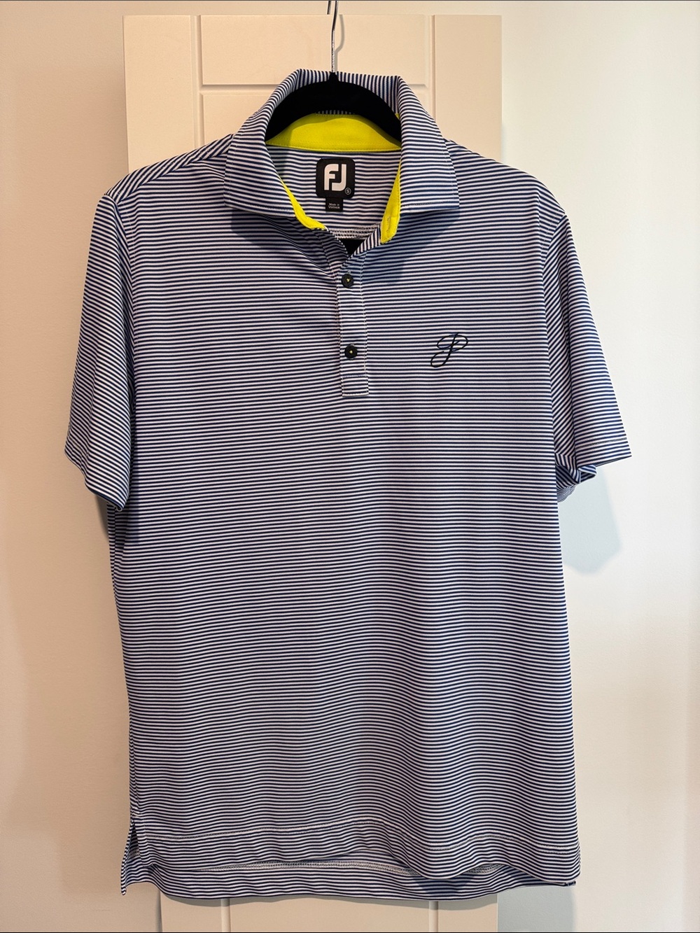 FootJoy Striped Navy & White Golf Polo with Yellow Collar Accent